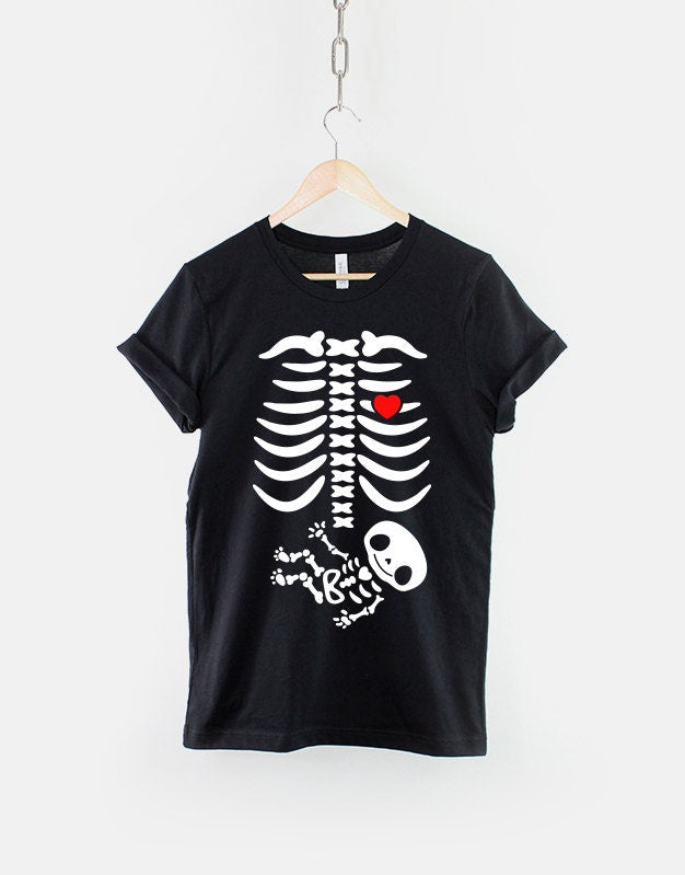 Pregnancy Announcement Twins Halloween Maternity T Shirt - Twin Pregnant Skeleton Shirt