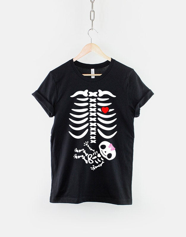Pregnancy Announcement Twins Halloween Maternity T Shirt - Twin Pregnant Skeleton Shirt