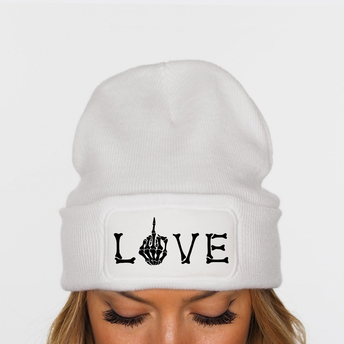 Love Skeleton Beanie Hat - Middle Finger Goth Beanie