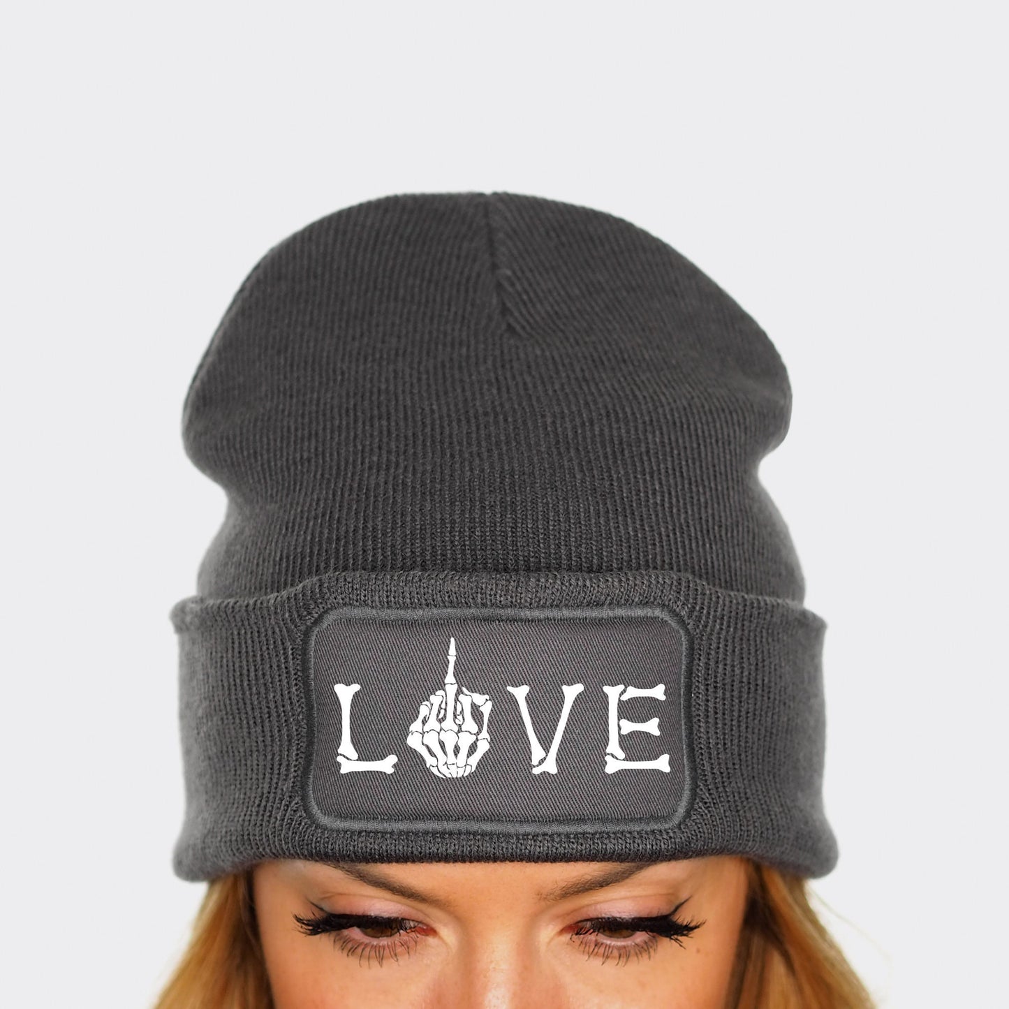 Love Skeleton Beanie Hat - Middle Finger Goth Beanie