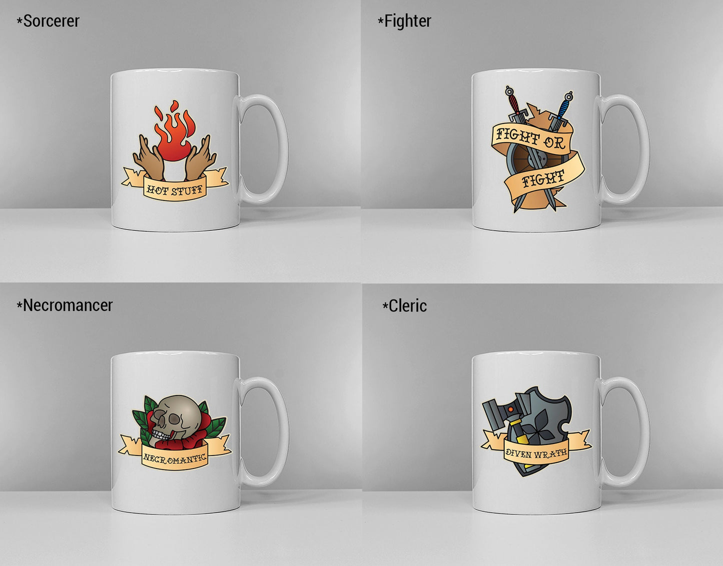 Dungeons and Dragons Inspired Class Slogan Mug - Old School Traditional Tattoo - D&D Druid Barbarian Wizard Paladin Coffe Mugs