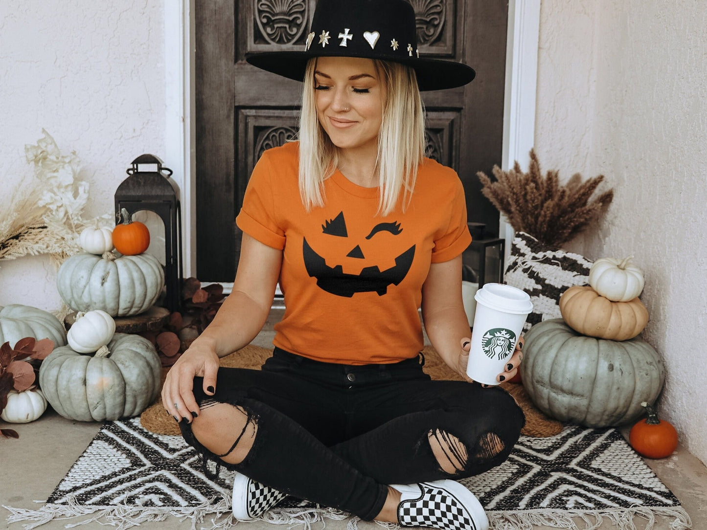Pumpkin Face T-Shirt - Womens Jackolantern Halloween Shirt - Pumpkin Print Shirt - Ladies Autumn Halloween T-Shirt