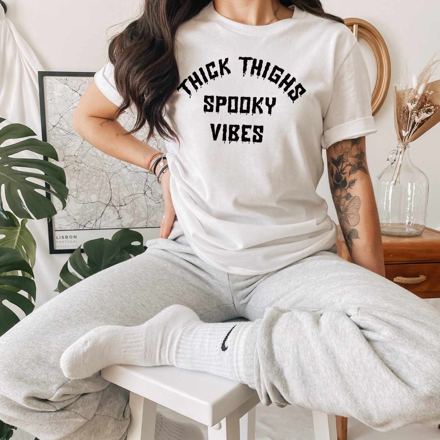 Thick Thighs Spooky Vibes T-Shirt - Halloween T-Shirt - Spooky Vibes Shirt - Gothic Halloween T-Shirt - Black Halloween Crew Neck T-Shirt
