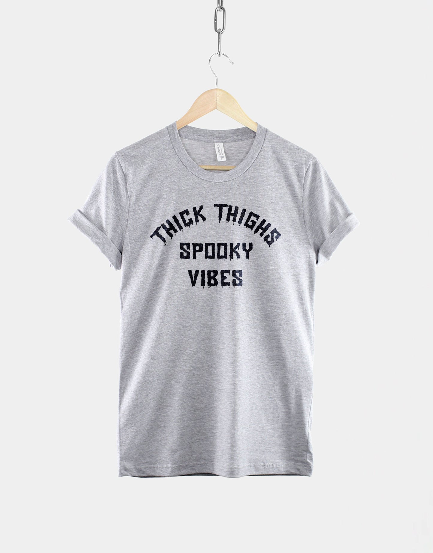 Thick Thighs Spooky Vibes T-Shirt - Halloween T-Shirt - Spooky Vibes Shirt - Gothic Halloween T-Shirt - Black Halloween Crew Neck T-Shirt