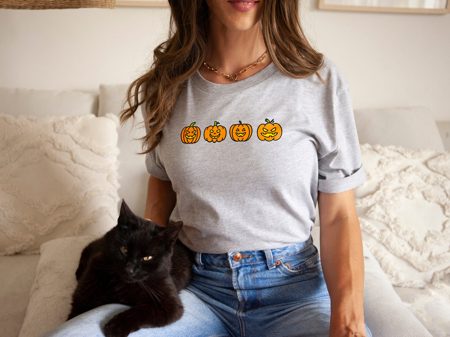 Halloween Pumpkin T-Shirt - Pumpkin Shirt - Pumpkin Crewneck T-Shirt - Halloween T-Shirt - T-Shirts For Fall - Row Of Pumpkins T-Shirt