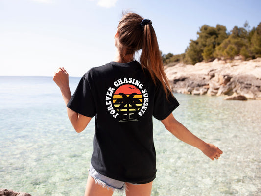 Oversized Retro T-Shirt - Retro Beach Shirt - Forever Chasing Sunsets T-Shirt - Retro Font TShirt For The Beach - Retro Sun T-Shirt