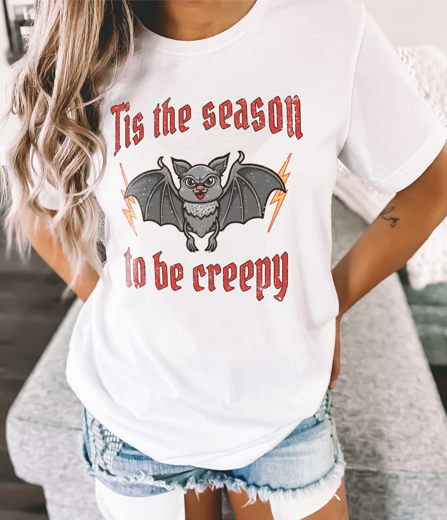 Halloween T-Shirt - Tis The Season To Be Creepy TShirt - Cute Halloween Bat Shirt - Womens Rock Band Halloween Season T-Shirt