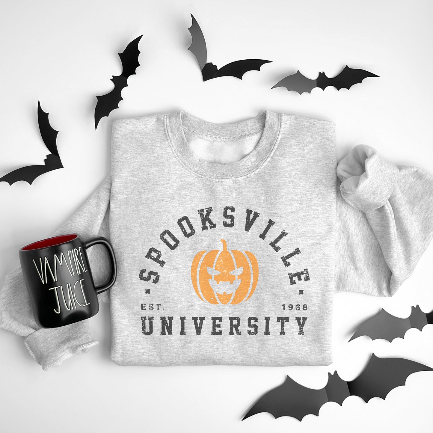 Womens Grey Halloween Sweater - Vintage Style Halloween Sweatshirt - Halloween College Shirt - Pumpkin Print Sweatshirt