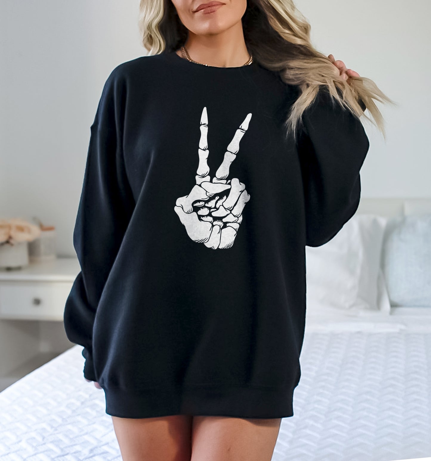 Skeleton Hand Peace Sign Sweatshirt - Goth Clothing - Grunge Rock Gothic Emo Sweater