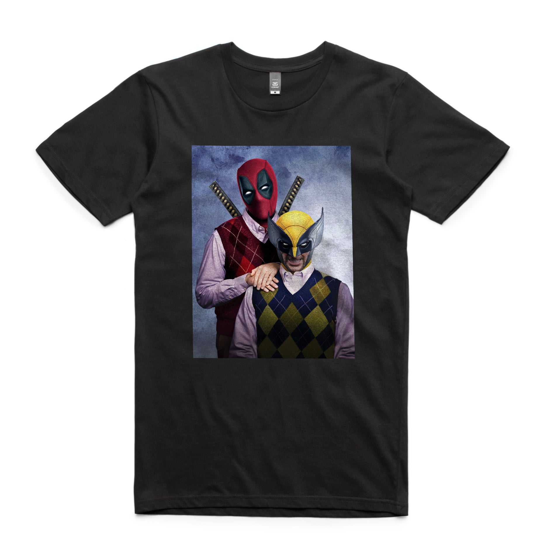 a black t - shirt with a picture of two deadpools on it