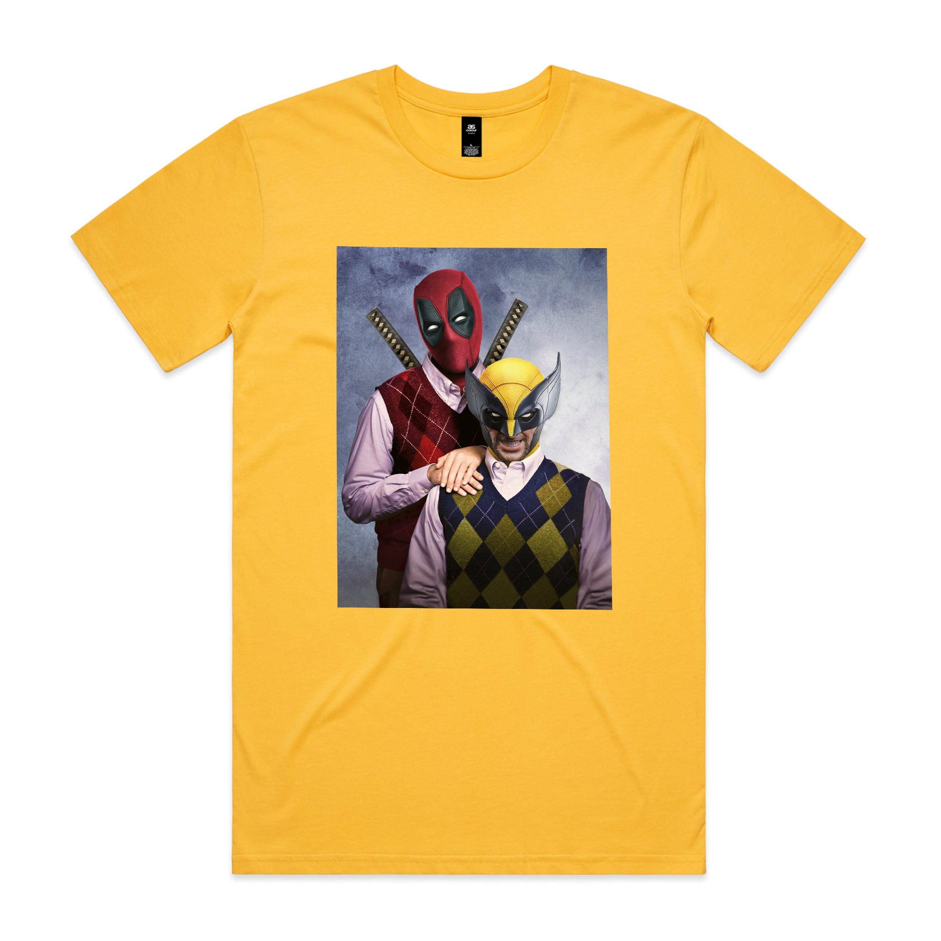 a yellow t - shirt with a picture of two deadpools on it