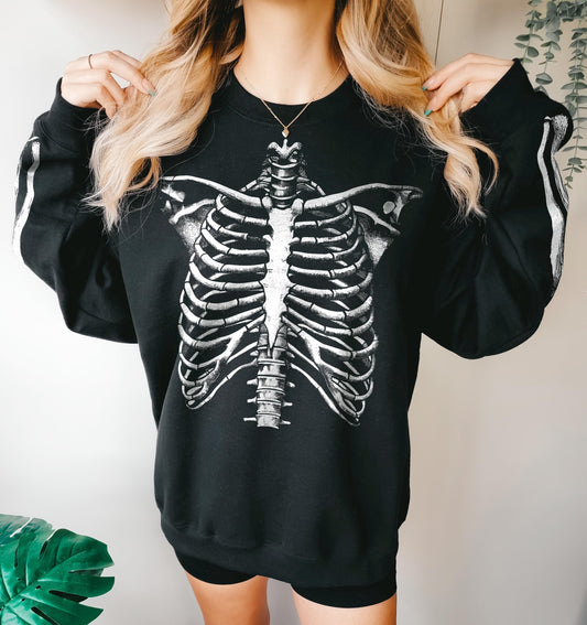 Skeleton Costume Sweatshirt – Realistic Rib Cage Sweater With Bone Sleeve Print