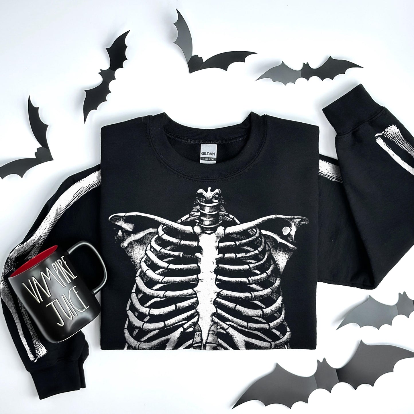 Skeleton Costume Sweatshirt – Realistic Rib Cage Sweater With Bone Sleeve Print