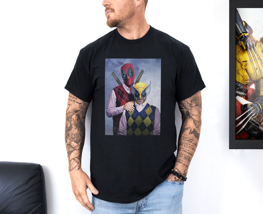 a man wearing a black t - shirt with a picture of a deadpool and wolverine character