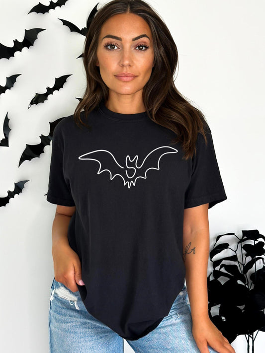 Minimalist Women's Bat T-Shirt for Halloween – Spooky Halloween Shirt - Cute Halloween Fashion Tee