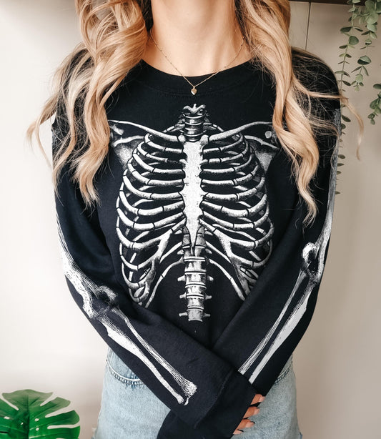 Halloween Skeleton Sweatshirt - Realistic Skeleton Rib Cage Sweater - Skeleton Bones Shirt With Sleeve Print