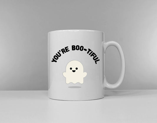 Cute Ghost Coffee Mug - You're Bootiful Funny Halloween Slogan Coffee Cup