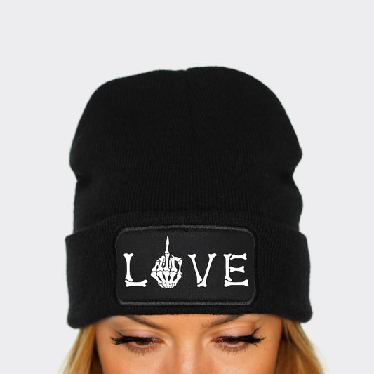 Love Skeleton Beanie Hat - Middle Finger Goth Beanie