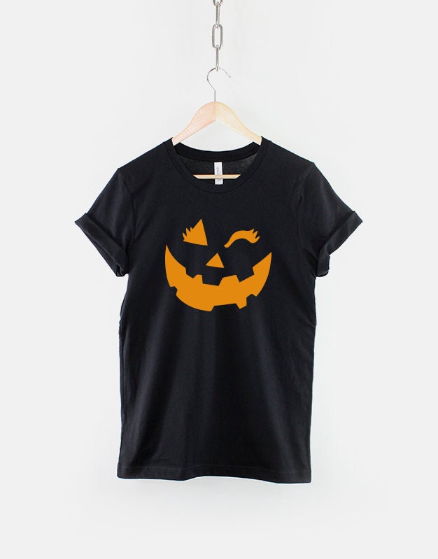 Womens Cute Halloween Winking Pumpkin Face T-Shirt - Girls Halloween Orange Shirt