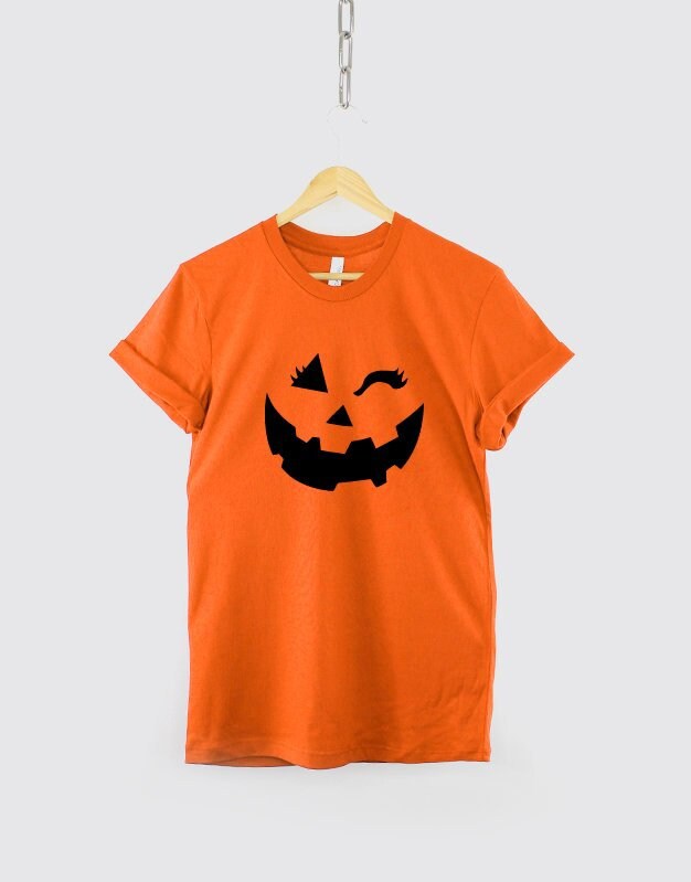 Womens Cute Halloween Winking Pumpkin Face T-Shirt - Girls Halloween Orange Shirt