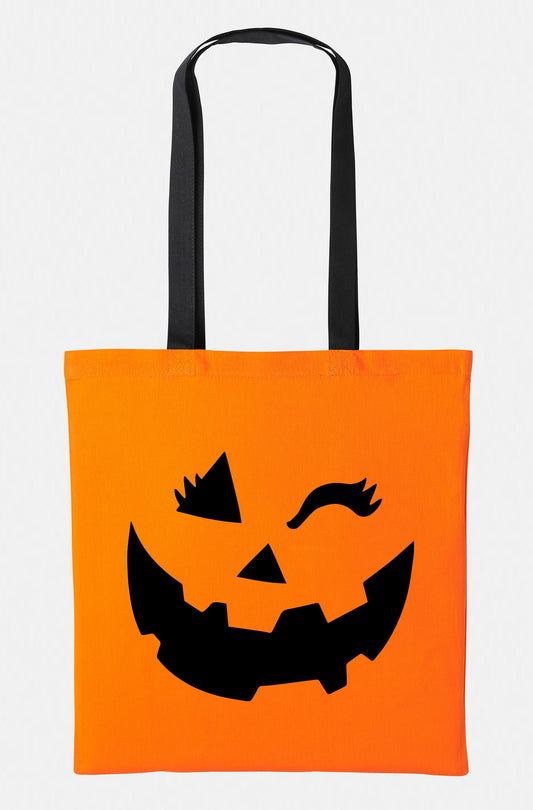 Kids Halloween Winking Girl Pumpkin Trick Or Treat Tote Bag