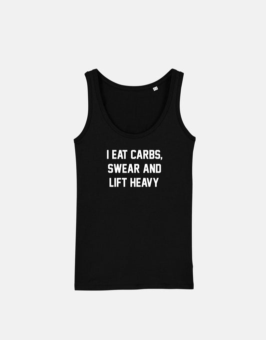 Workout Vest Gym Fitness Tank Top - I Eat Carbs Swear And Lift Heavy Womens Racer Back Female Body Builder