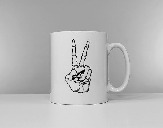 Skeleton Hand Peace Sign Coffee Mug - Goth Office Worker Gift