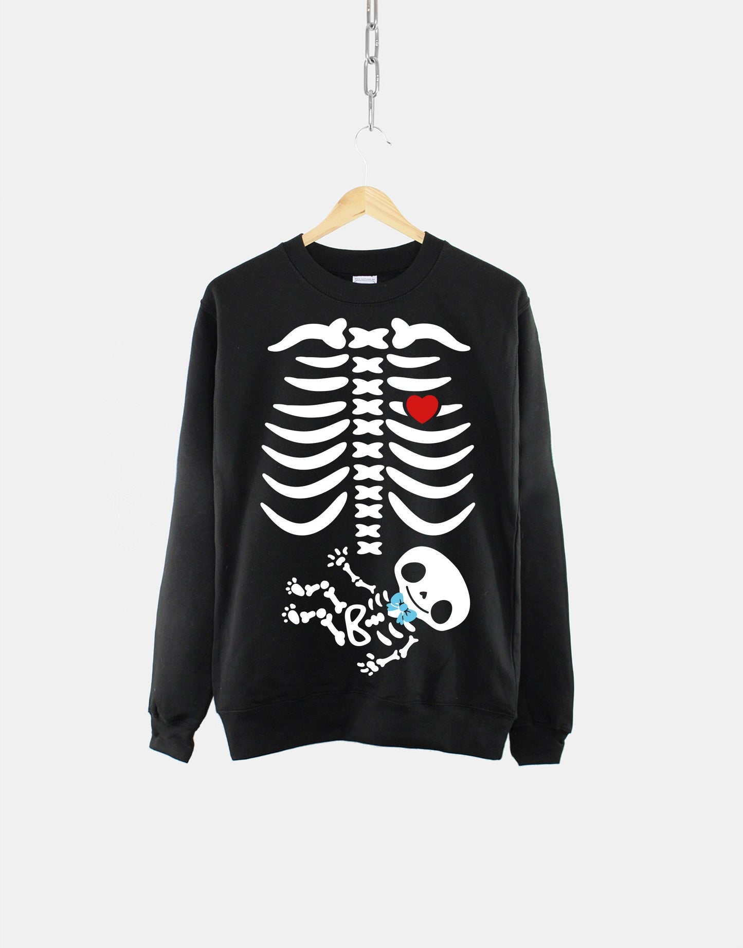 Twin Pregnancy Announcement - Halloween Twins Maternity Sweatshirt With Pregnant Skeleton Xray