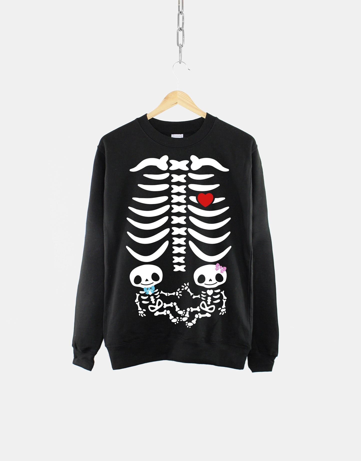 Twin Pregnancy Announcement - Halloween Twins Maternity Sweatshirt With Pregnant Skeleton Xray