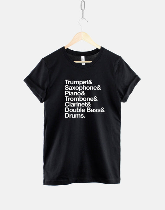 Jazz Music T-Shirt - Jazz Musician Helvetica & Music Shirt - Piano Saxophone Trumpet Trombone TShirt