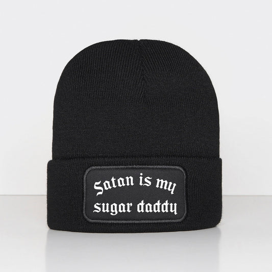 Goth Beanie Hat - Satan Is My Sugar Daddy Beanie - Black Wooly Knitted Beany