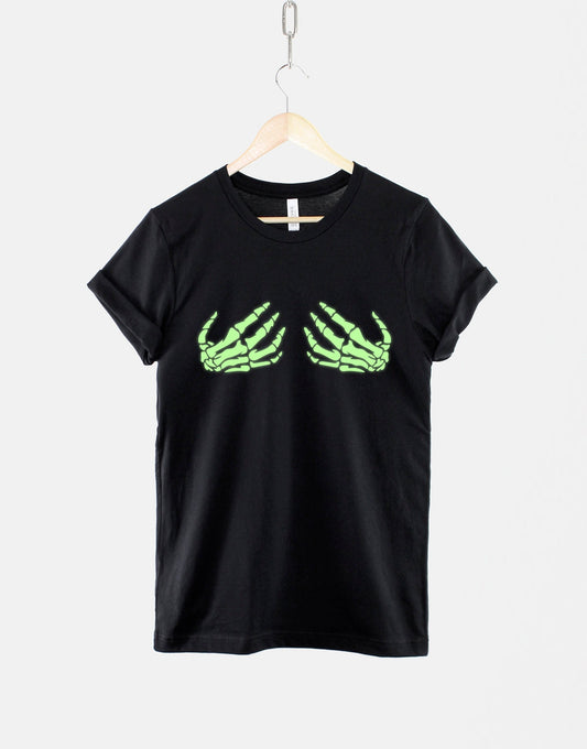 Skeleton Hands On Boobs T-Shirt - Glow In The Dark Skeleton Boobies Shirt - Womens Halloween Skeleton TShirt