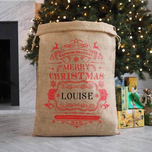 Luxury Personalized Santa Sack - Personalised Christmas Decor Burlap Sack - Festive Hessian Christmas Sack