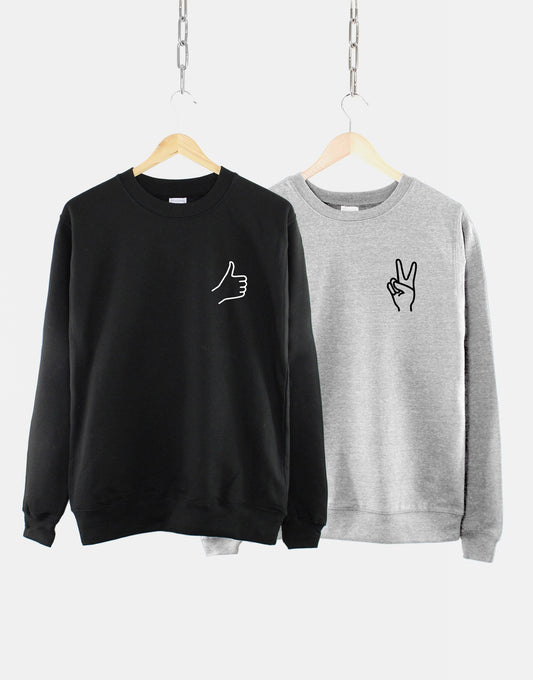 Hand Signs Sweatshirt - Personalised Hands Print Pocket Sweatshirt - Womens Best Friends Sweatshirt - Thumbs Up Peace Fist Bump High Five