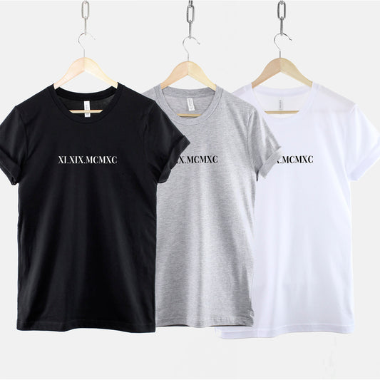 Matching Couples Personalised Roman Numeral T-Shirt - Minimal Unisex Anniversary Date T-Shirt - Couples Honeymoon Shirts - Wedding Date Gift