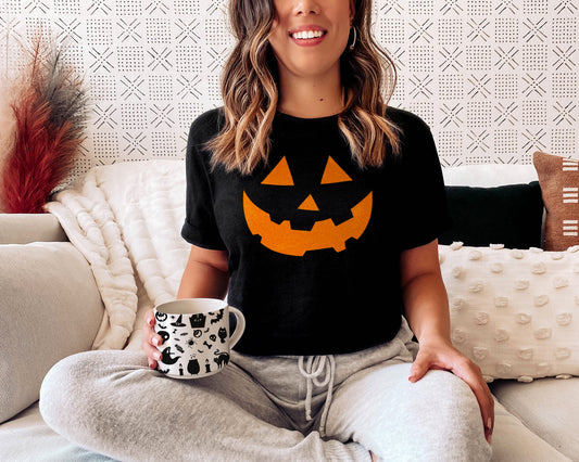 Pumpkin Face T-Shirt - Womens Jackolantern Halloween Shirt - Pumpkin Print Shirt - Ladies Autumn Halloween T-Shirt