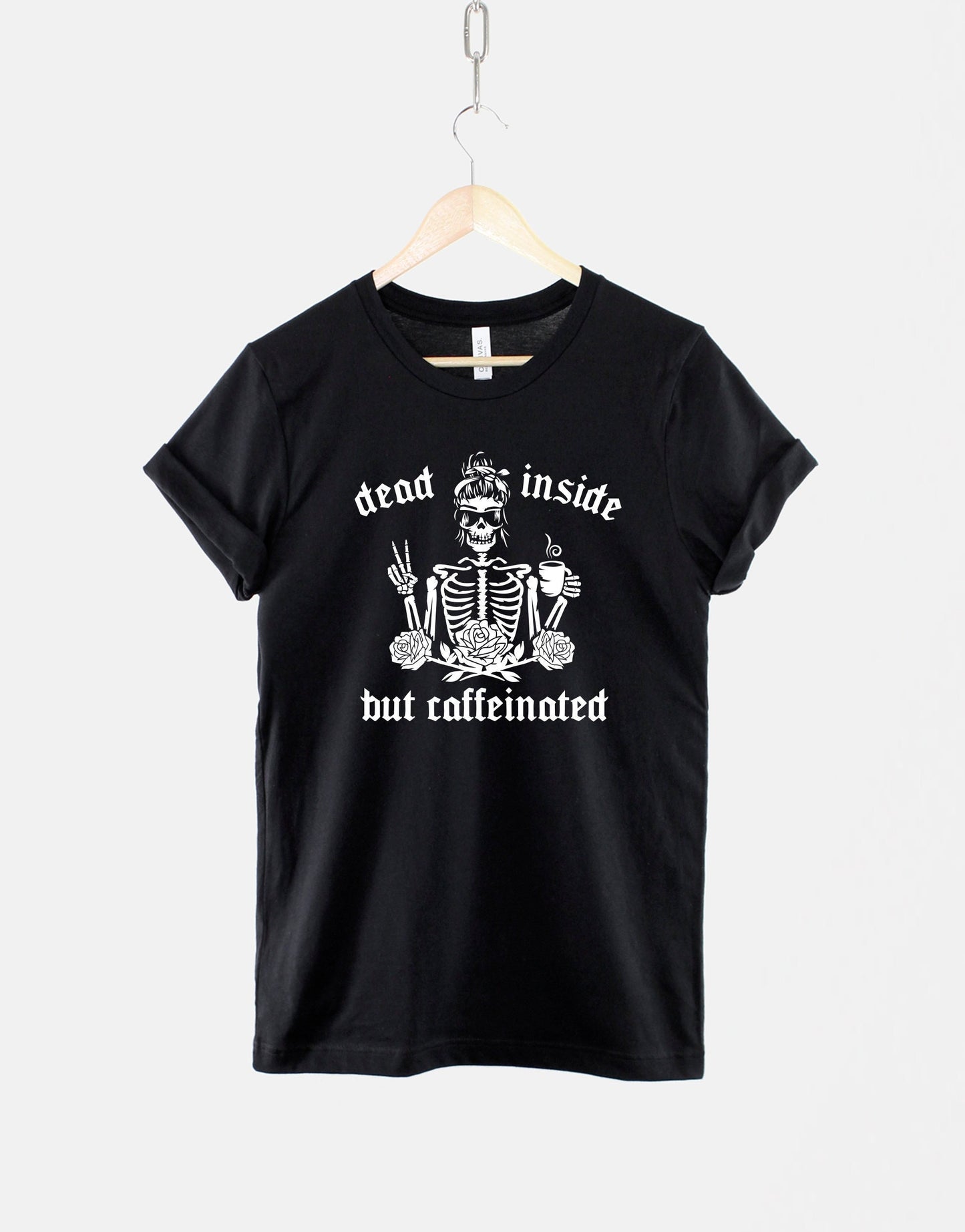 Halloween T-Shirt - Dead Inside But Caffeinated - Womens Halloween Shirt - Skeleton With Coffee T-Shirt - Female Skeleton Halloween T-Shirt