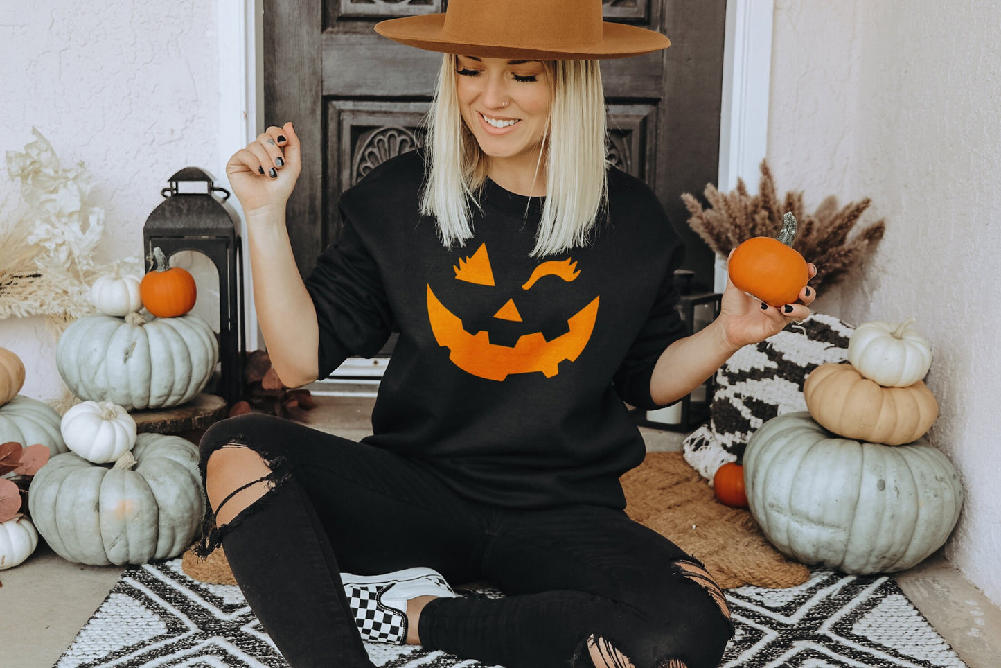 Orange Pumpkin Sweatshirt - Halloween Pumpkin Face Sweater - Winking Pumpkin Shirt - Womens Orange Halloween Sweatshirt