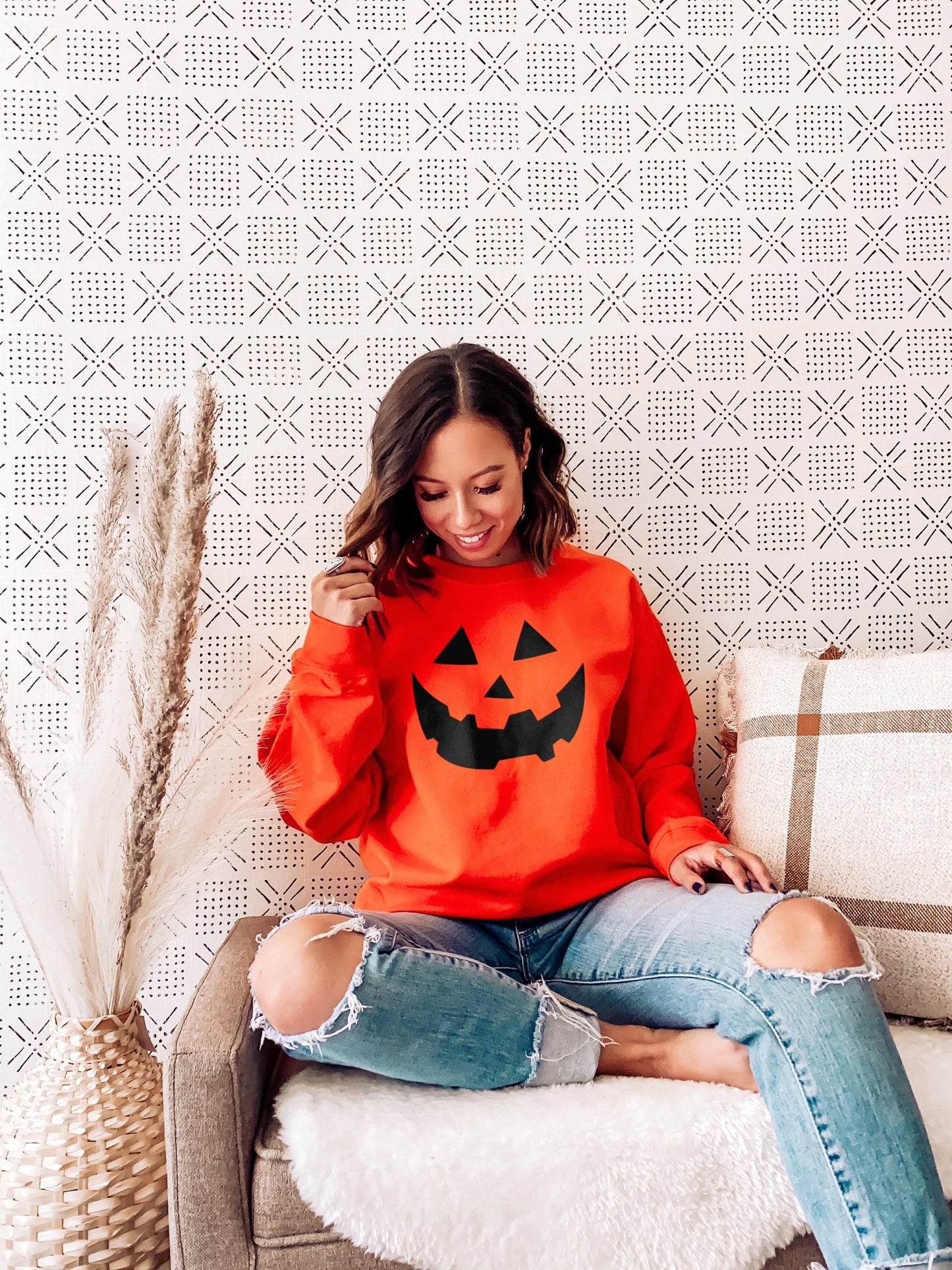 Winking Pumpkin Sweatshirt - Cute Halloween Sweatshirt - Womens Pumpkin Sweatshirt - Ladies Halloween Pumpkin Sweatshirt