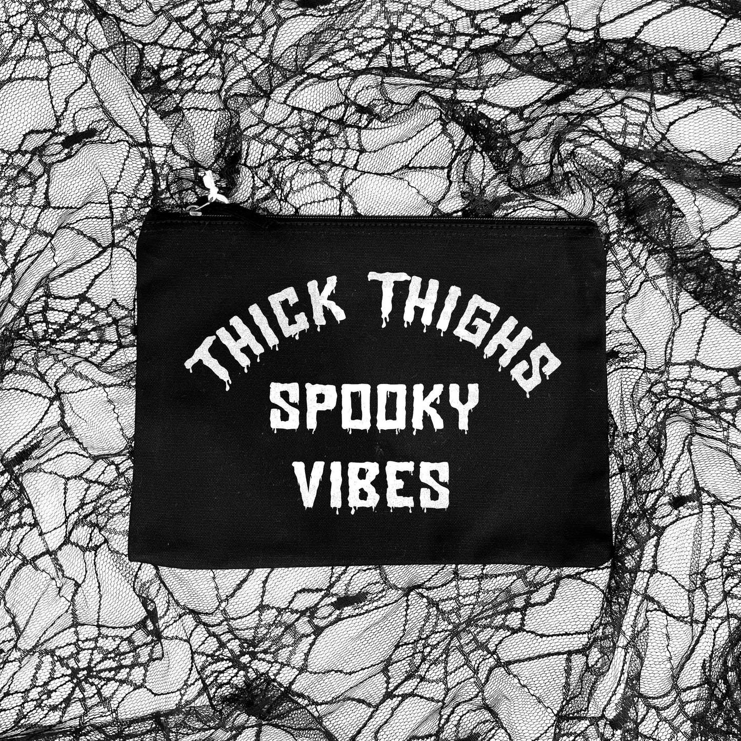 Goth Makeup Bag - Thick Thighs Spooky Vibes Makeup Bag - Gothic Clutch Bag - Grab Bag - Black Goth Makeup Brush Bag - Goth Zip Up Makeup Bag