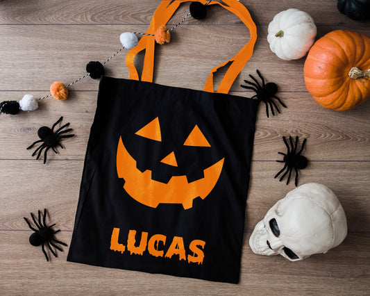 Personalised Trick Or Treat Candy Bag - Halloween Decor - Custom Name Halloween Pumpkin Tote Bag