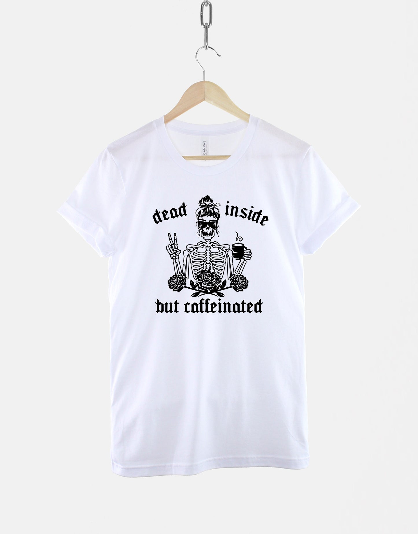 Halloween T-Shirt - Dead Inside But Caffeinated - Womens Halloween Shirt - Skeleton With Coffee T-Shirt - Female Skeleton Halloween T-Shirt