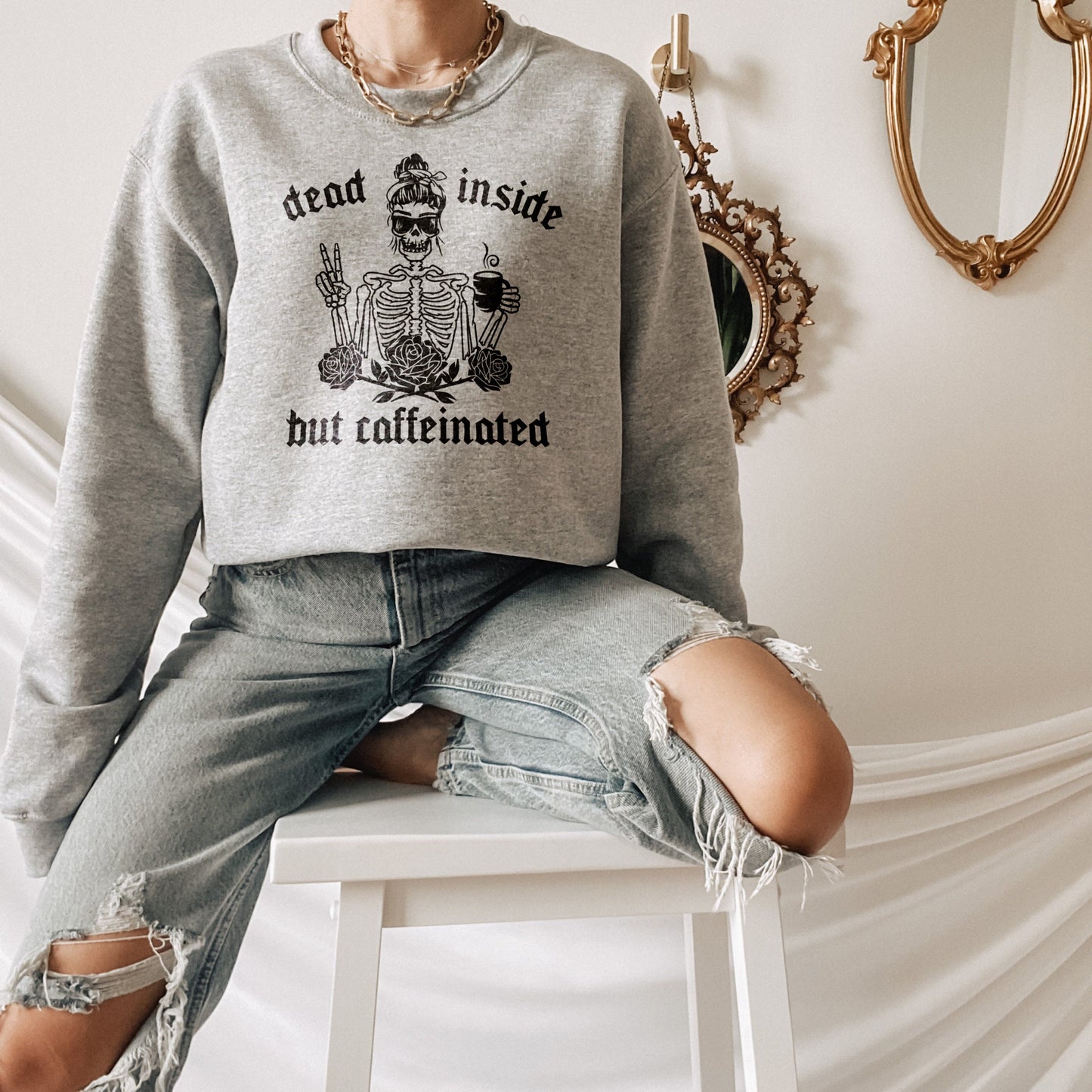 Halloween Sweatshirt - Dead Inside But Caffeinated - Womens Halloween Sweater - Fall Sweatshirt - Female Skeleton With Coffee Sweatshirt