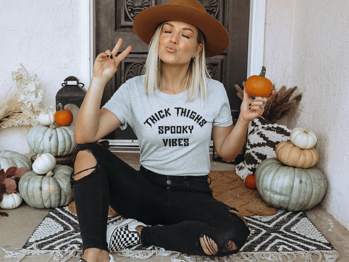 Thick Thighs Spooky Vibes T-Shirt - Halloween T-Shirt - Spooky Vibes Shirt - Gothic Halloween T-Shirt - Black Halloween Crew Neck T-Shirt