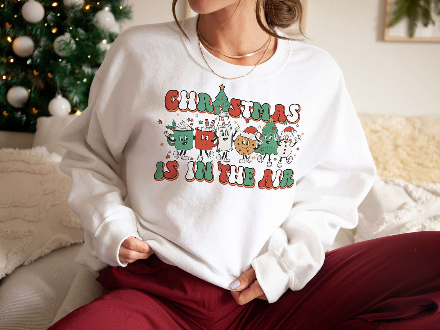 Womens Retro Christmas Sweatshirt - Fun Christmas Sweater - Retro Design Christmas Tree Sweatshirt - Retro Christmas Character Sweater