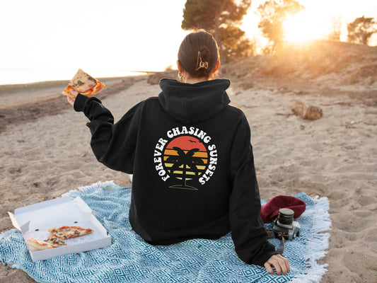 Oversized Retro Hoodie - Retro Sunset Hoodie - Forever Chasing Sunsets Hoodie - Retro Font Hoodie For The Beach - Womens Retro Sun Hoodie