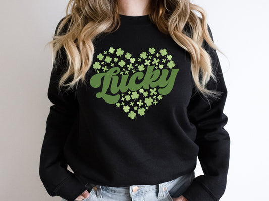 Retro Saint Patricks Day Sweatshirt - Lucky Irish Sweatshirt - Shamrock Heart Sweatshirt - Green Retro St Patrick's Day Shamrock Sweater