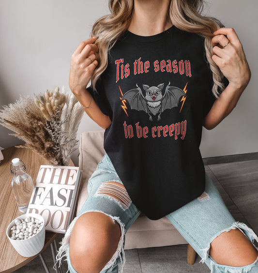 Halloween T-Shirt - Tis The Season To Be Creepy TShirt - Cute Halloween Bat Shirt - Womens Rock Band Halloween Season T-Shirt